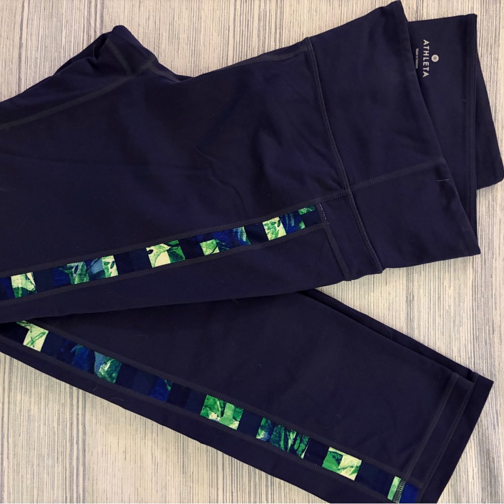 Athleta Navy Leggings with Green Pattern